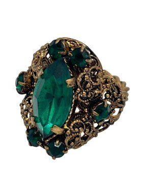 Old Czech Signed Emerald Green Rhinestone Filigree Adjustable Openwork Ring